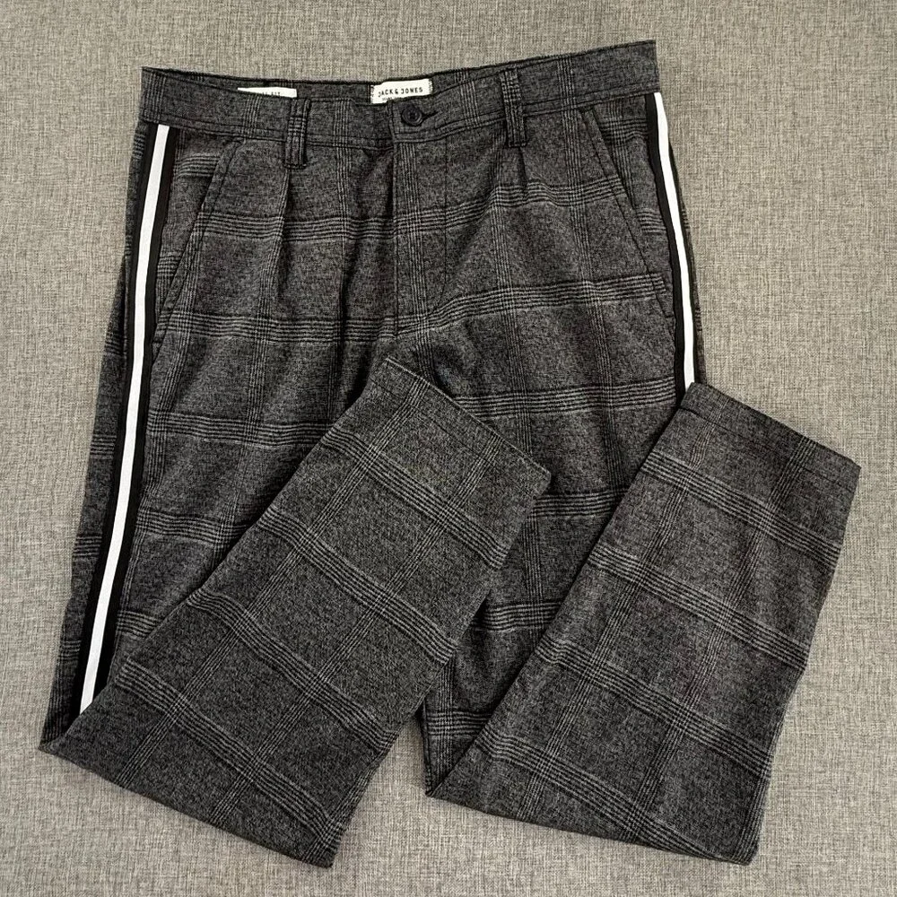 Mens Jack & Jones Plaid Pants Gray Black White Side Stripe Trousers 32x34 casual